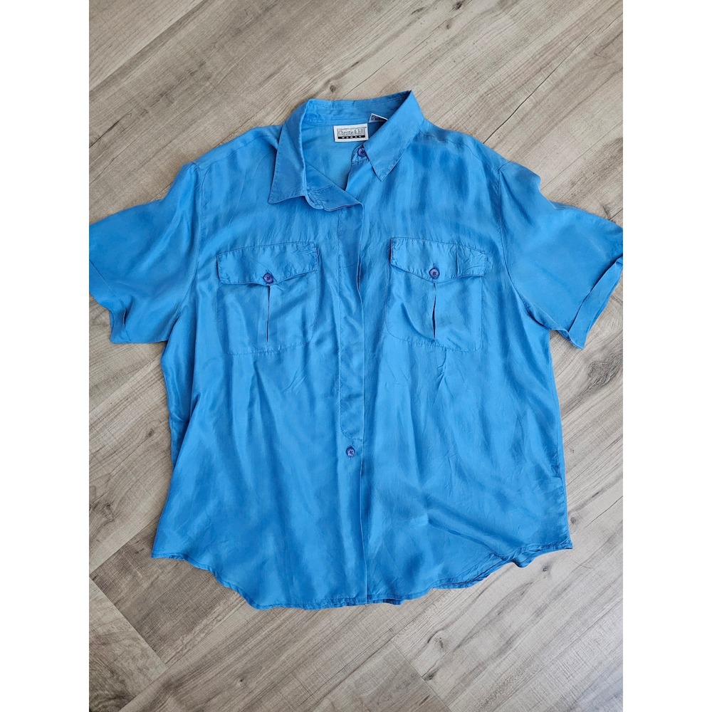 Christie & Jill Woman Blue 100% Silk Short Sleeve Button Down Shirt Plus Size 1X